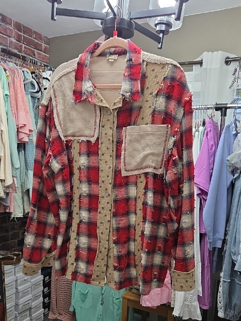 POL Red Plaid Patch Detail Shirt